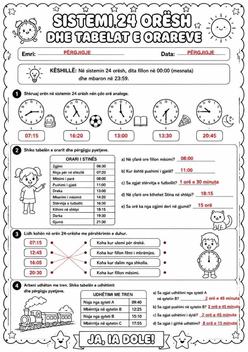 Answer key for Sistemi 24 orësh dhe tabelat e orareve — free printable Math worksheet
