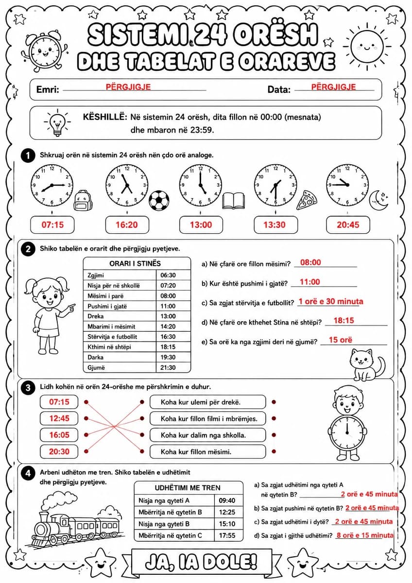 Answer key for Sistemi 24 orësh dhe tabelat e orareve — free printable Math worksheet