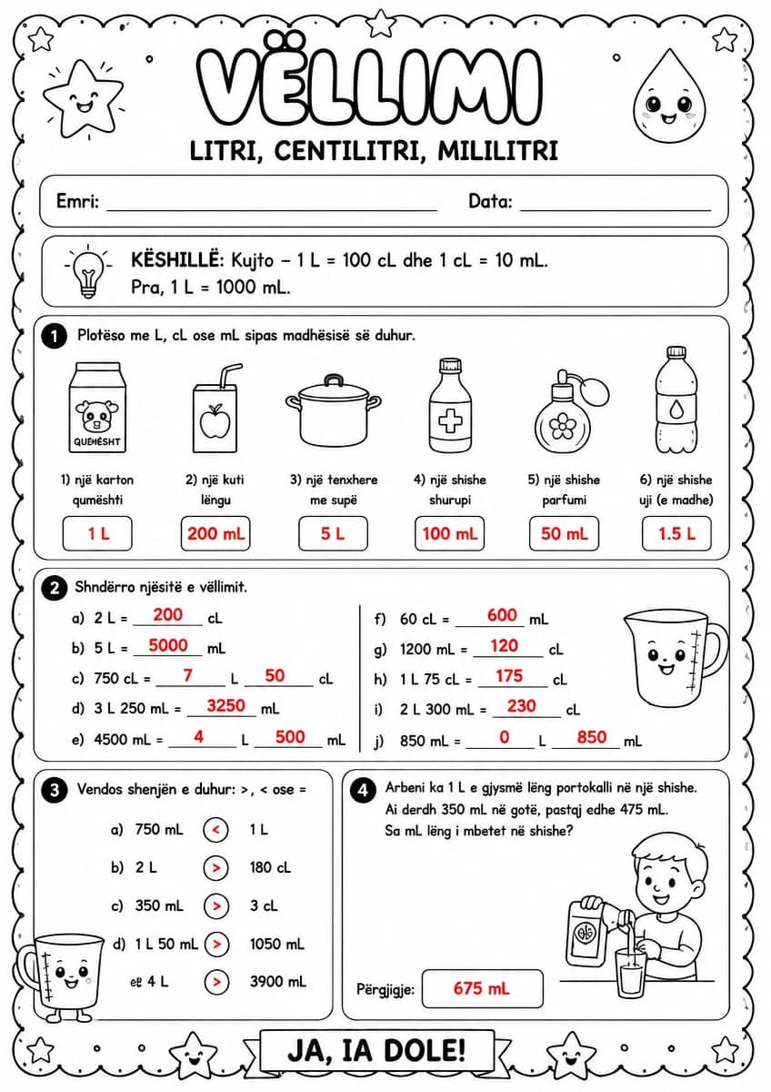 Answer key for Vëllimi — litri, centilitri, mililitri — free printable Math worksheet