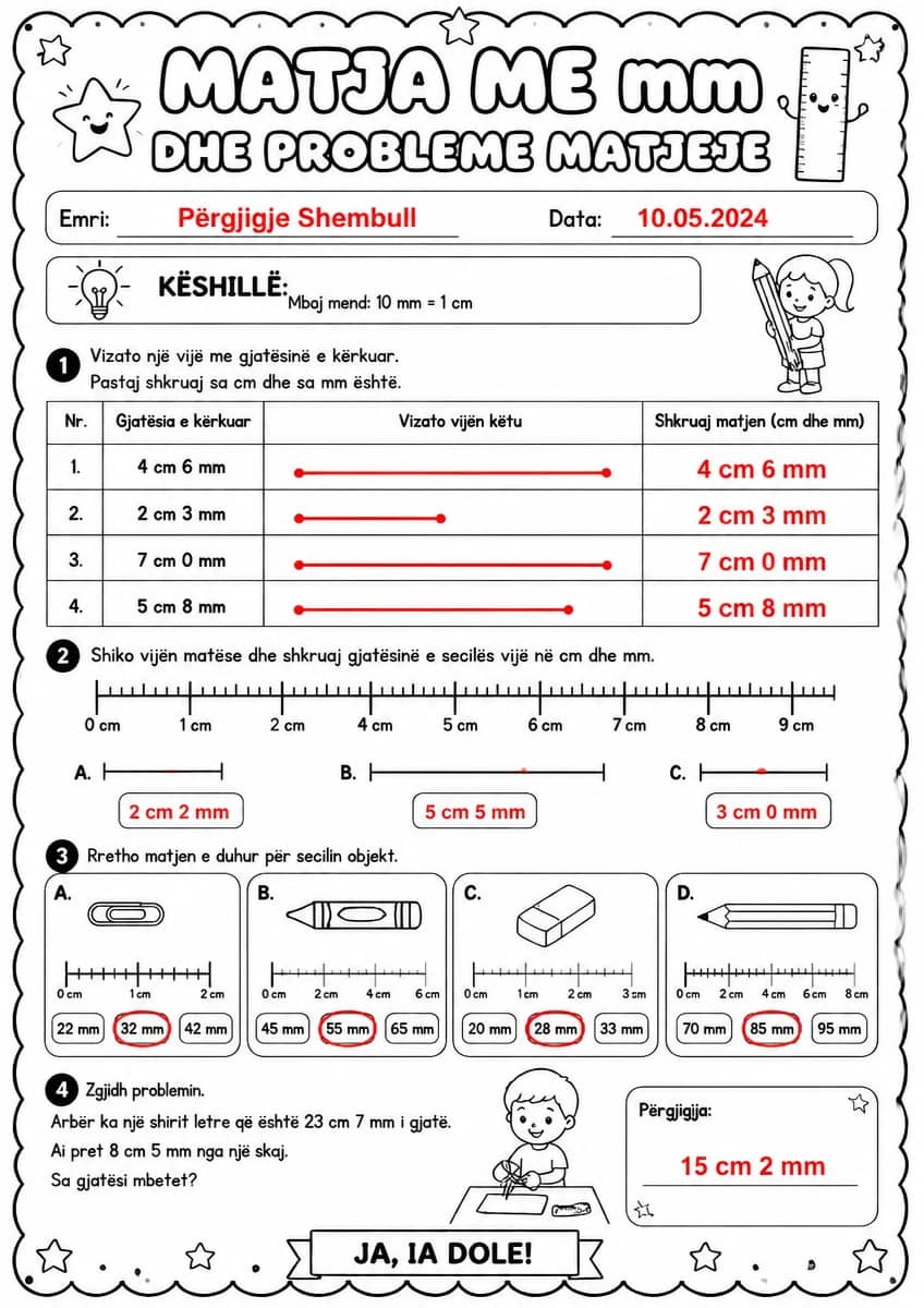 Answer key for Matja me mm dhe probleme matjeje — free printable Math worksheet