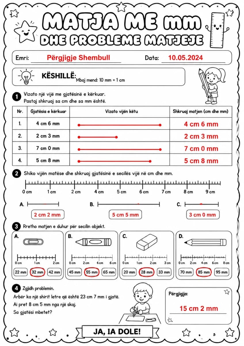 Answer key for Matja me mm dhe probleme matjeje — free printable Math worksheet