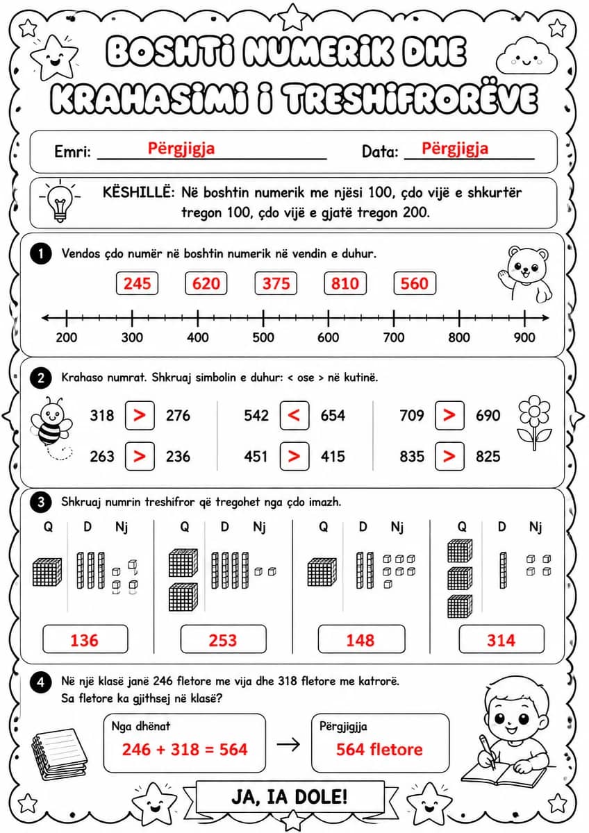 Answer key for Boshti numerik dhe krahasimi i treshifrorëve — free printable Math worksheet