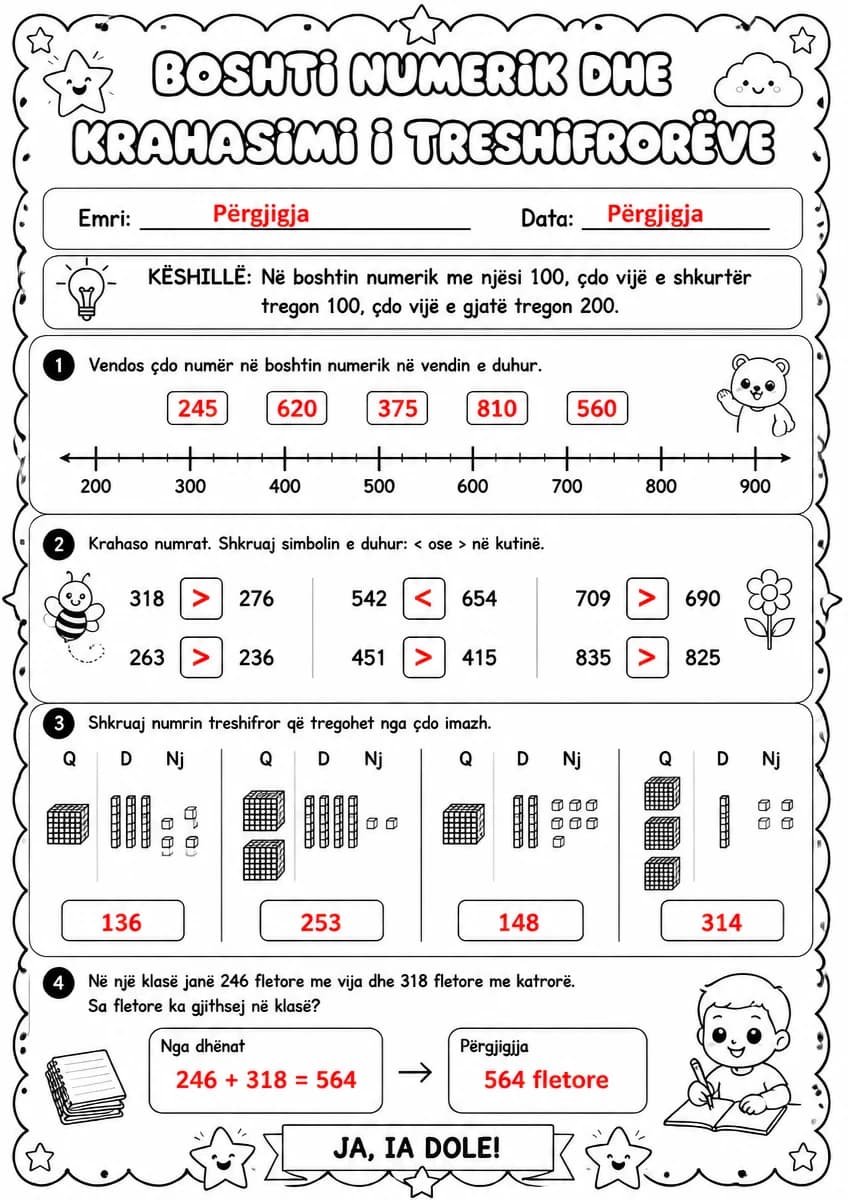 Answer key for Boshti numerik dhe krahasimi i treshifrorëve — free printable Math worksheet