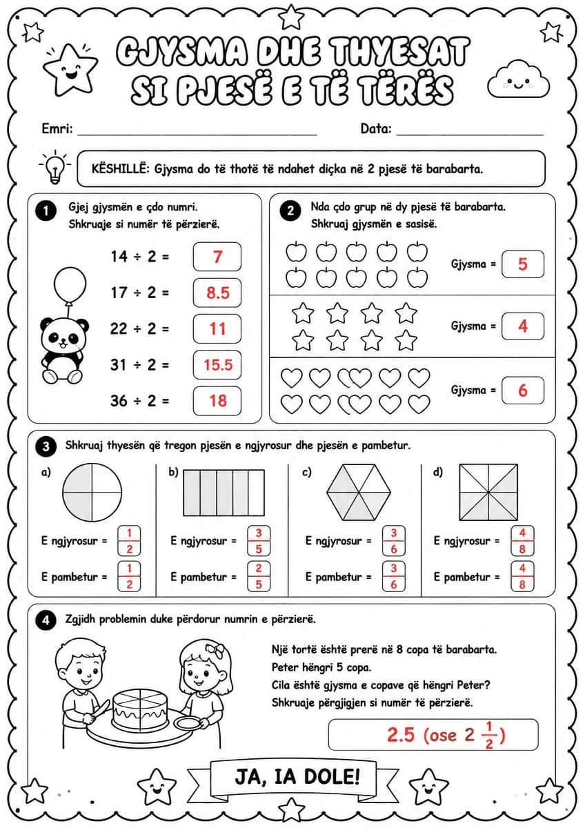 Answer key for Gjysma dhe thyesat si pjesë e të tërës — free printable Math worksheet