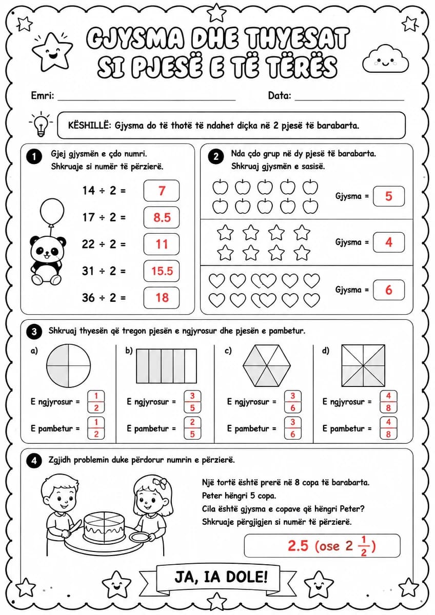 Answer key for Gjysma dhe thyesat si pjesë e të tërës — free printable Math worksheet