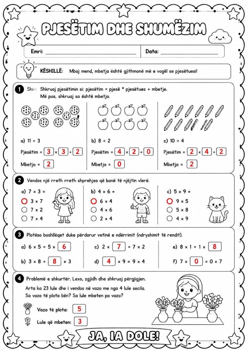 Answer key for Mbetja në pjesëtim dhe vetia e ndërrimit — free printable Math worksheet