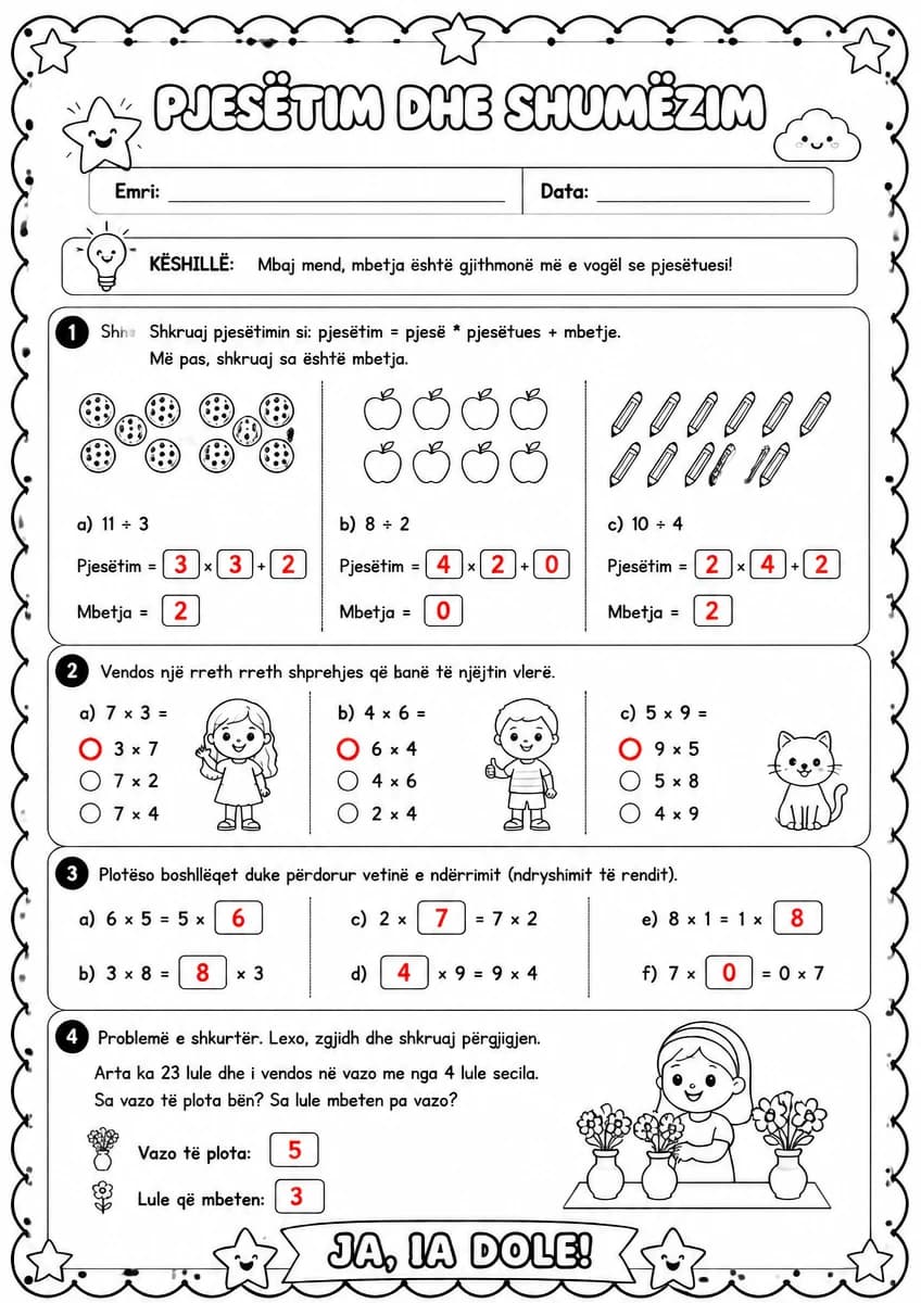 Answer key for Mbetja në pjesëtim dhe vetia e ndërrimit — free printable Math worksheet