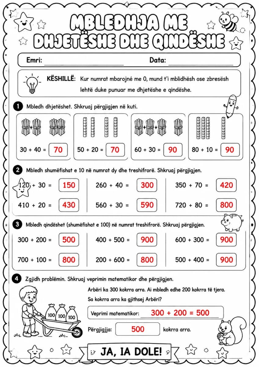 Answer key for Mbledhja me dhjetëshe dhe qindëshe — free printable Math worksheet