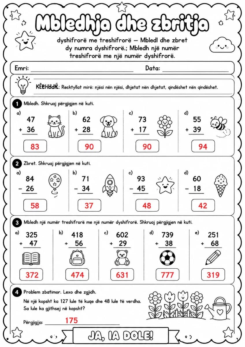 Answer key for Mbledhja dhe zbritja — dyshifrorë me treshifrorë — free printable Math worksheet