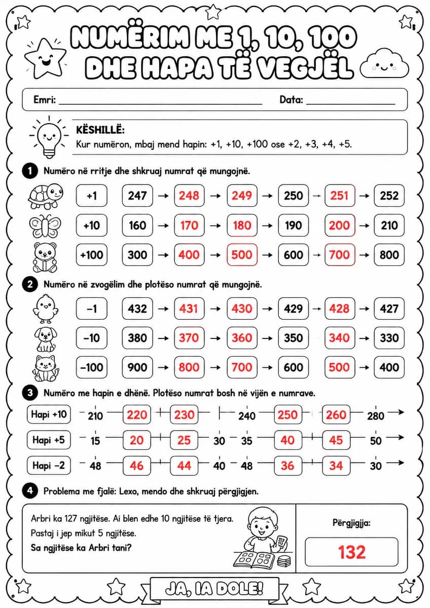 Answer key for Numërim me 1, 10, 100 dhe hapa të vegjël — free printable Math worksheet
