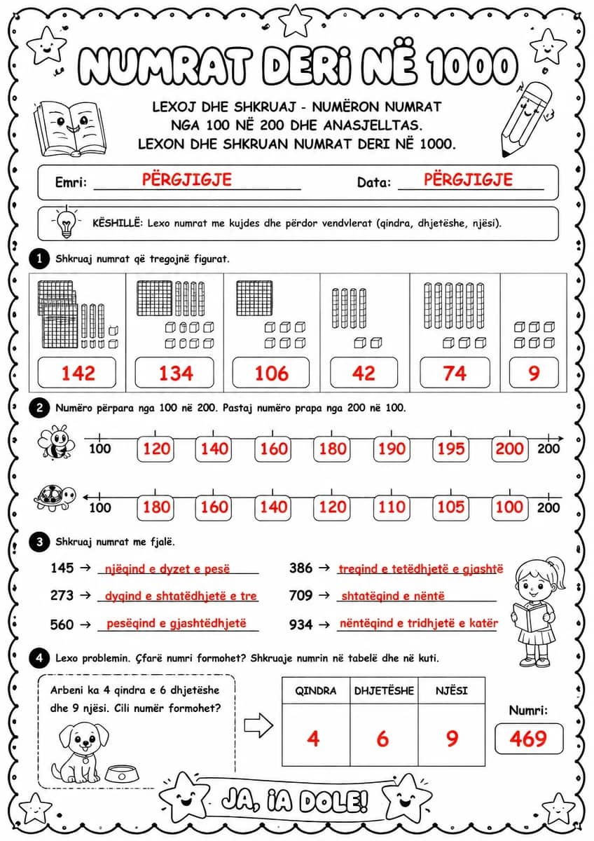 Answer key for Numrat deri në 1000 — lexoj dhe shkruaj — free printable Math worksheet