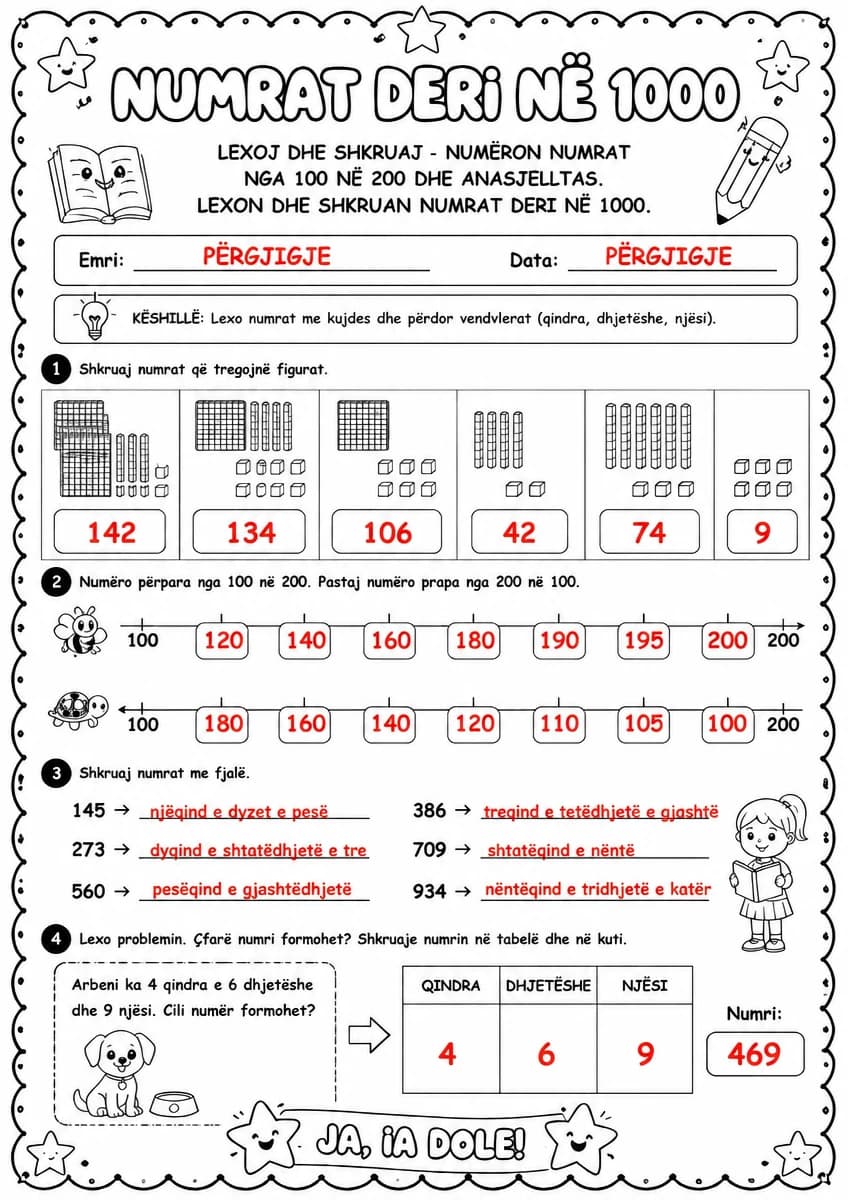 Answer key for Numrat deri në 1000 — lexoj dhe shkruaj — free printable Math worksheet