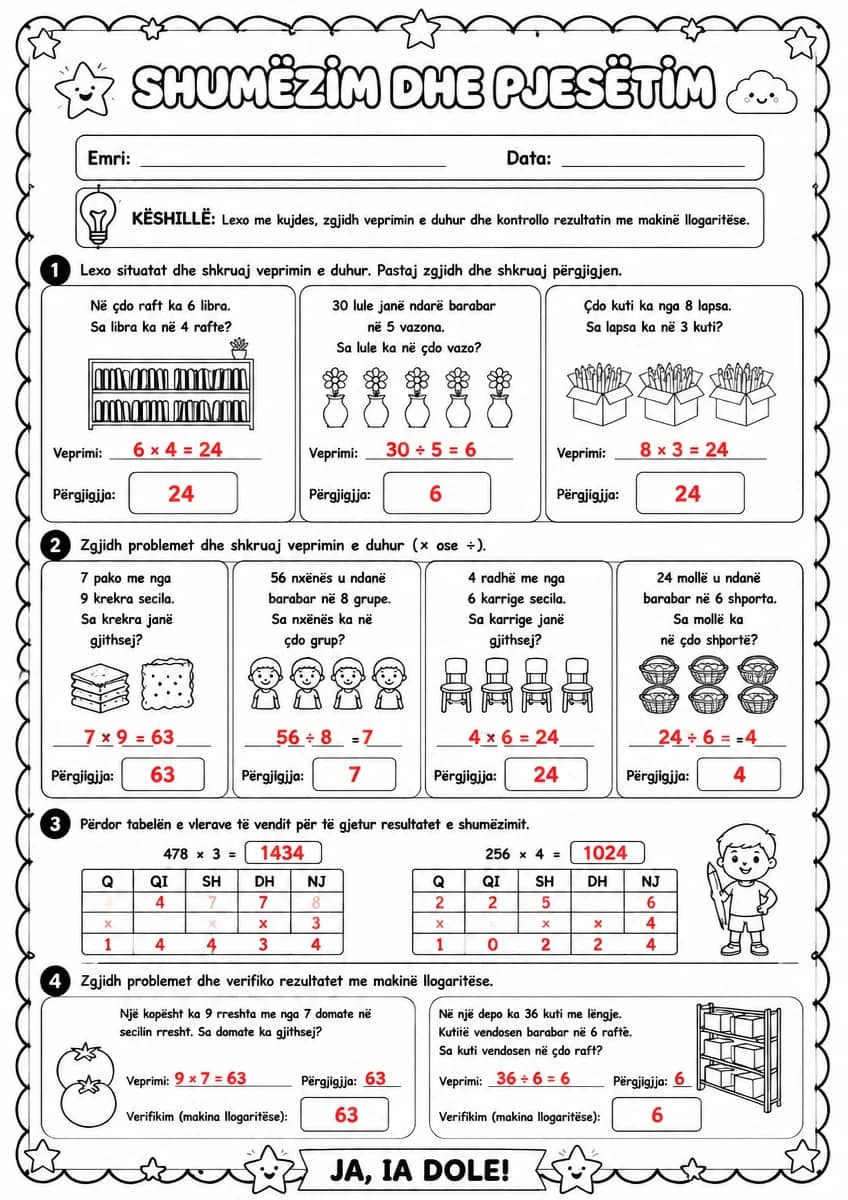 Answer key for Probleme me shumëzim dhe pjesëtim — free printable Math worksheet