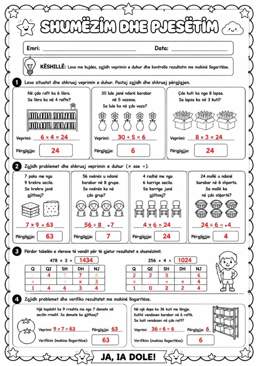 Answer key for Probleme me shumëzim dhe pjesëtim — free printable Math worksheet