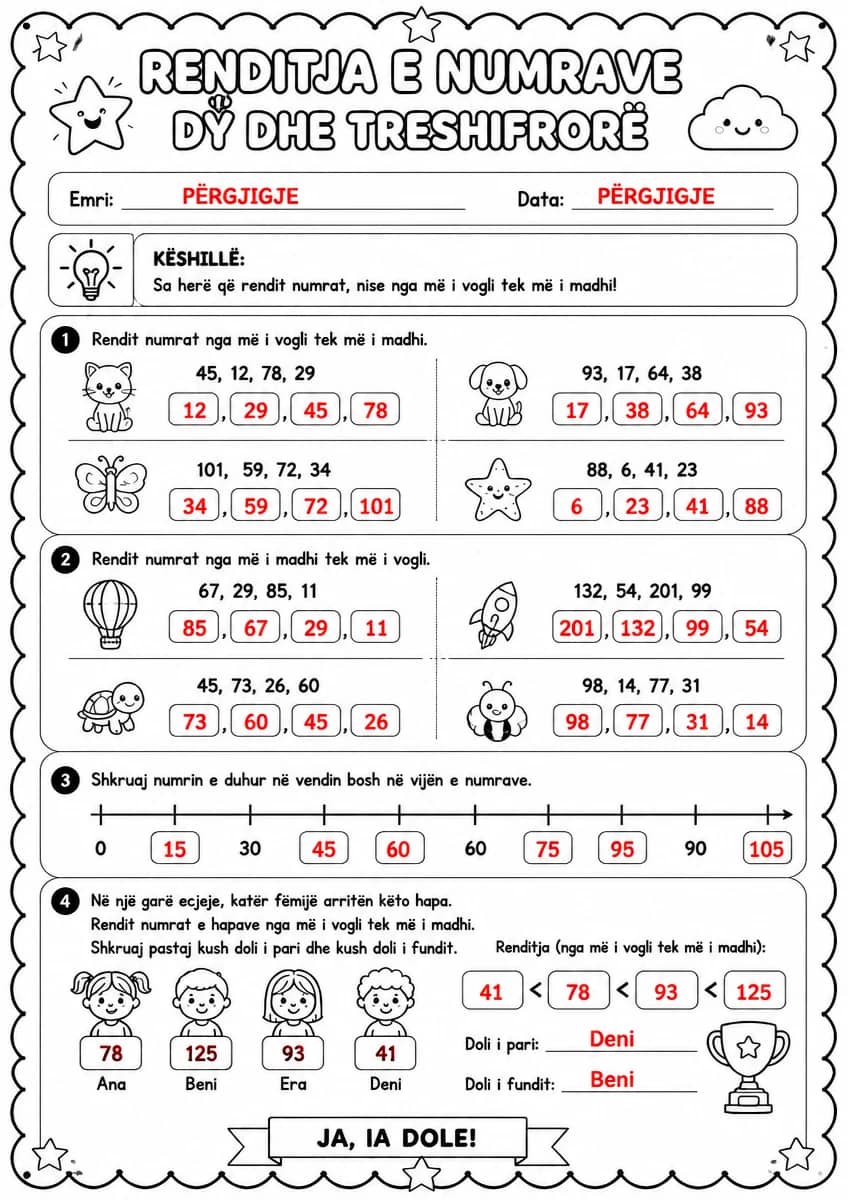 Answer key for Renditja e numrave dy dhe treshifrorë — free printable Math worksheet