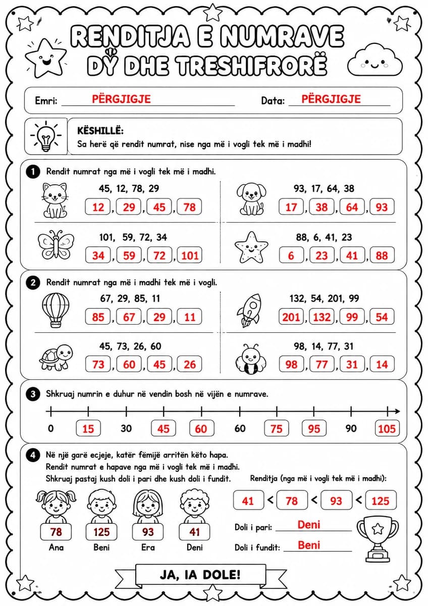 Answer key for Renditja e numrave dy dhe treshifrorë — free printable Math worksheet