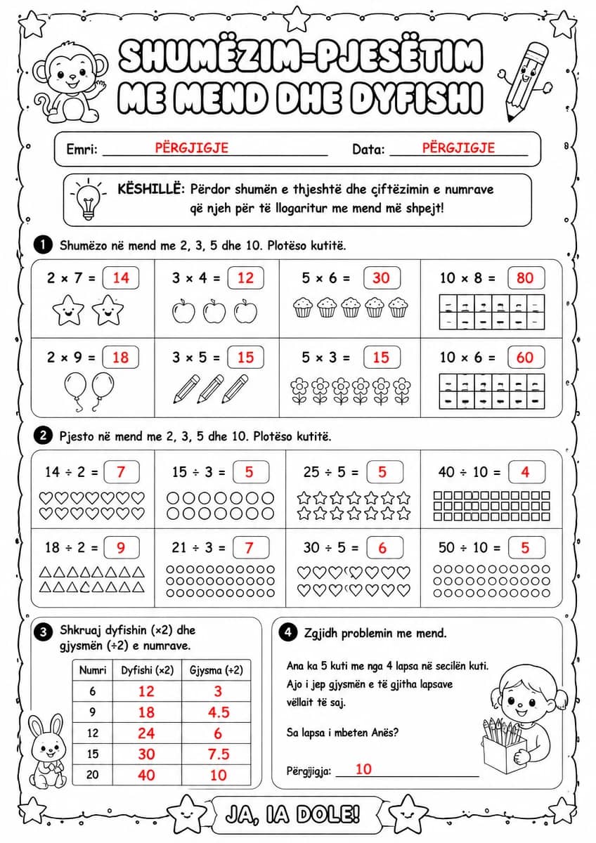 Answer key for Shumëzim-pjesëtim me mend dhe dyfishi — free printable Math worksheet
