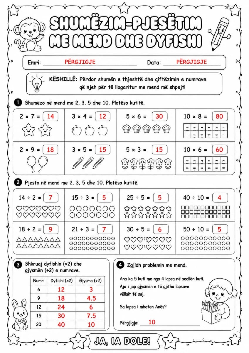 Answer key for Shumëzim-pjesëtim me mend dhe dyfishi — free printable Math worksheet