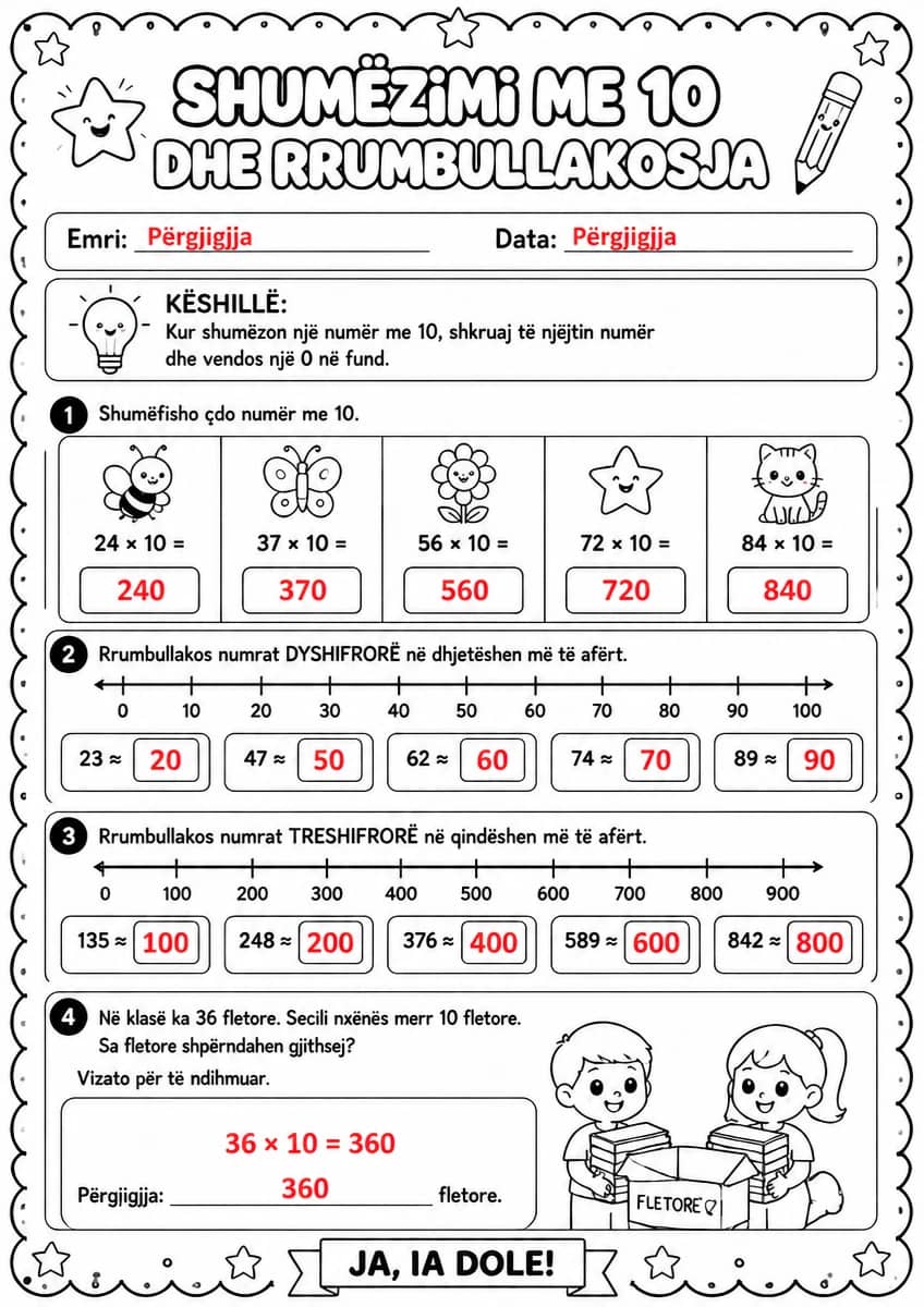 Answer key for Shumëzimi me 10 dhe rrumbullakosja — free printable Math worksheet