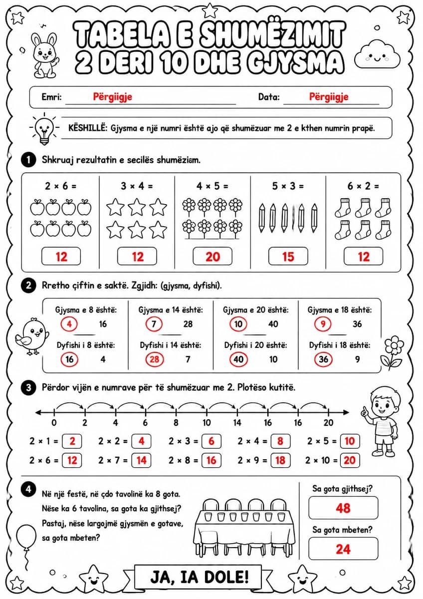 Answer key for Tabela e shumëzimit — 2 deri 10 dhe gjysma — free printable Math worksheet