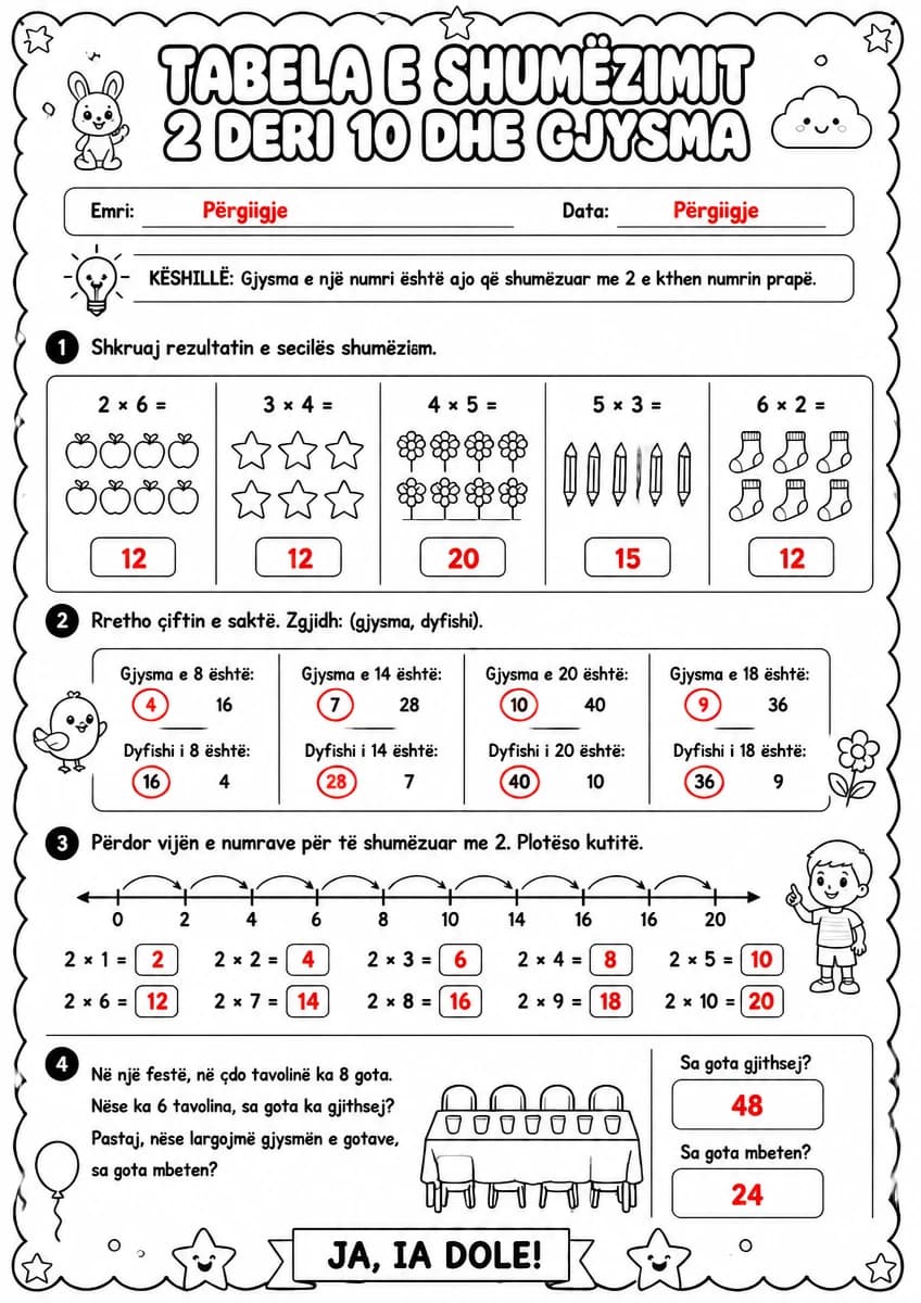 Answer key for Tabela e shumëzimit — 2 deri 10 dhe gjysma — free printable Math worksheet