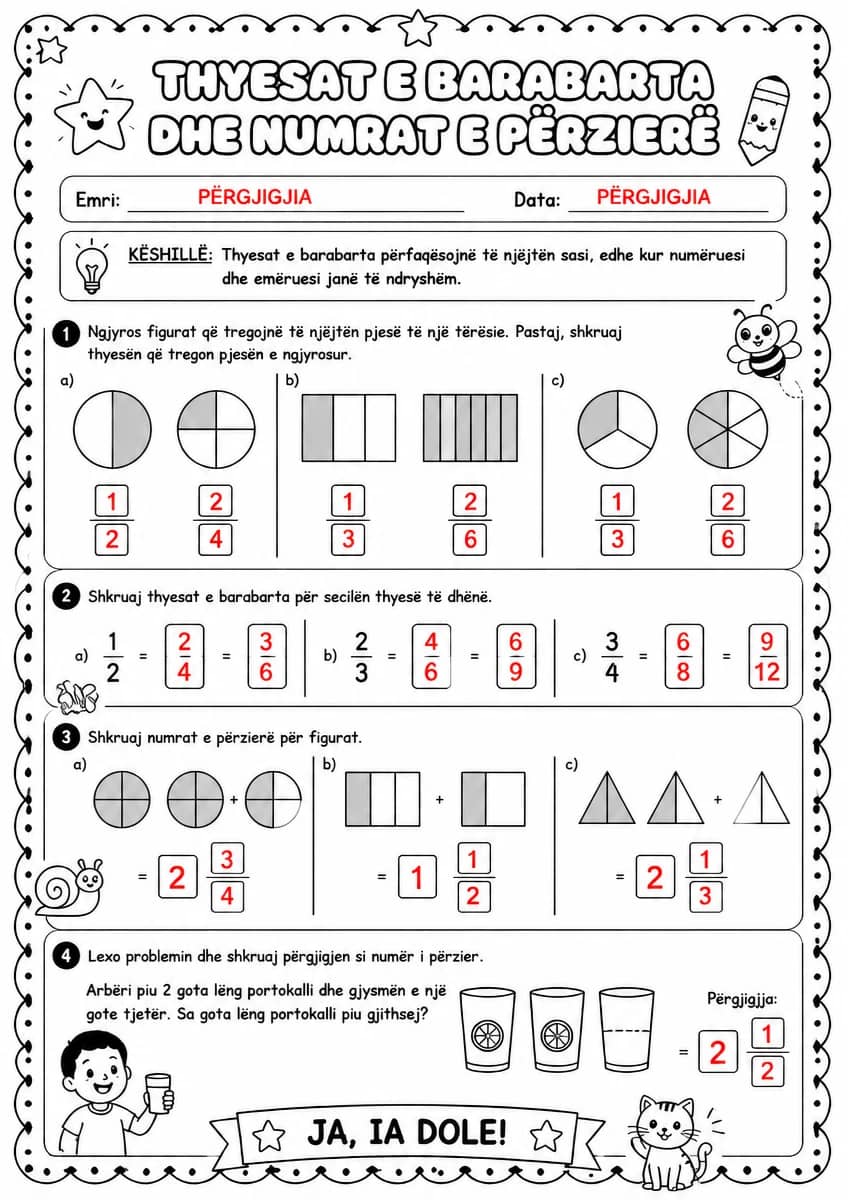 Answer key for Thyesat e barabarta dhe numrat e përzierë — free printable Math worksheet