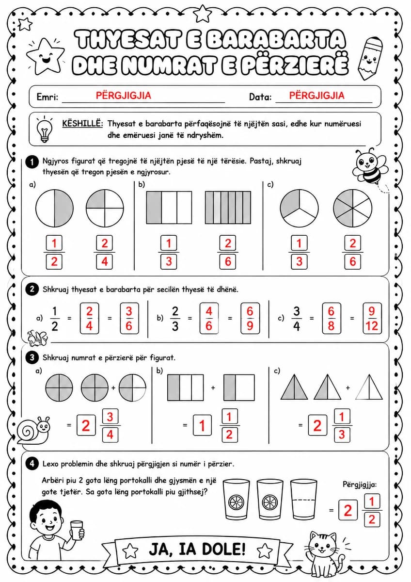 Answer key for Thyesat e barabarta dhe numrat e përzierë — free printable Math worksheet