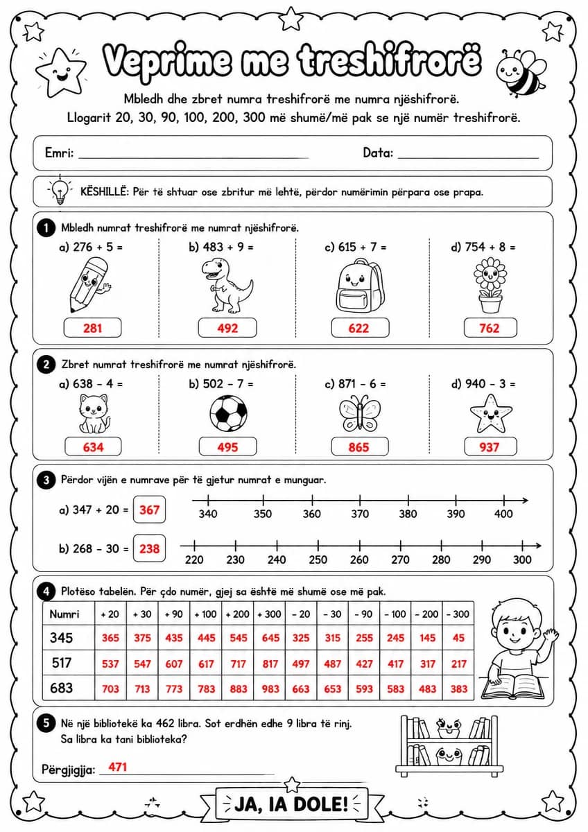 Answer key for Veprime me treshifrorë — njëshifrorë dhe shtesat — free printable Math worksheet