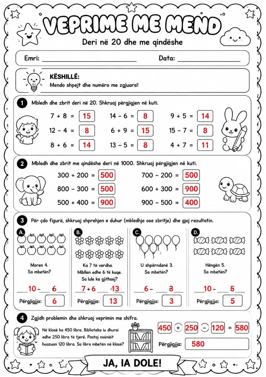 Answer key for Veprime me mend deri në 20 dhe me qindëshe — free printable Math worksheet