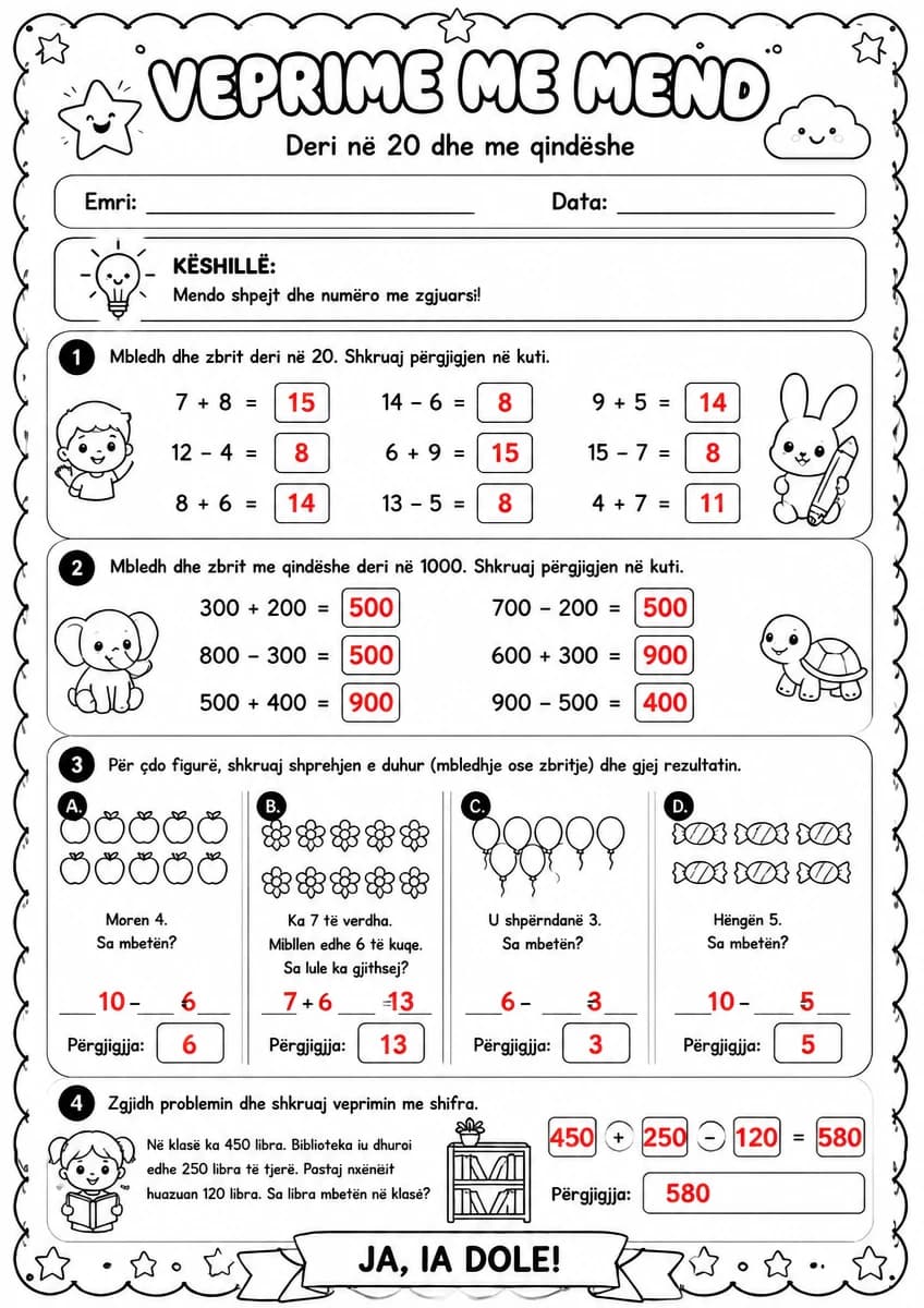 Answer key for Veprime me mend deri në 20 dhe me qindëshe — free printable Math worksheet