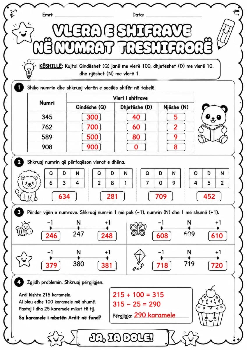 Answer key for Vlera e shifrave në numrat treshifrorë — free printable Math worksheet