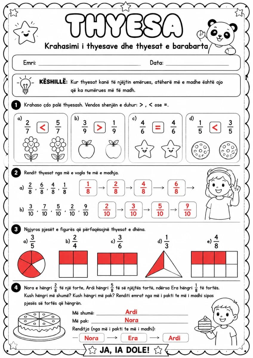 Answer key for Krahasimi i thyesave dhe thyesat e barabarta — free printable Math worksheet