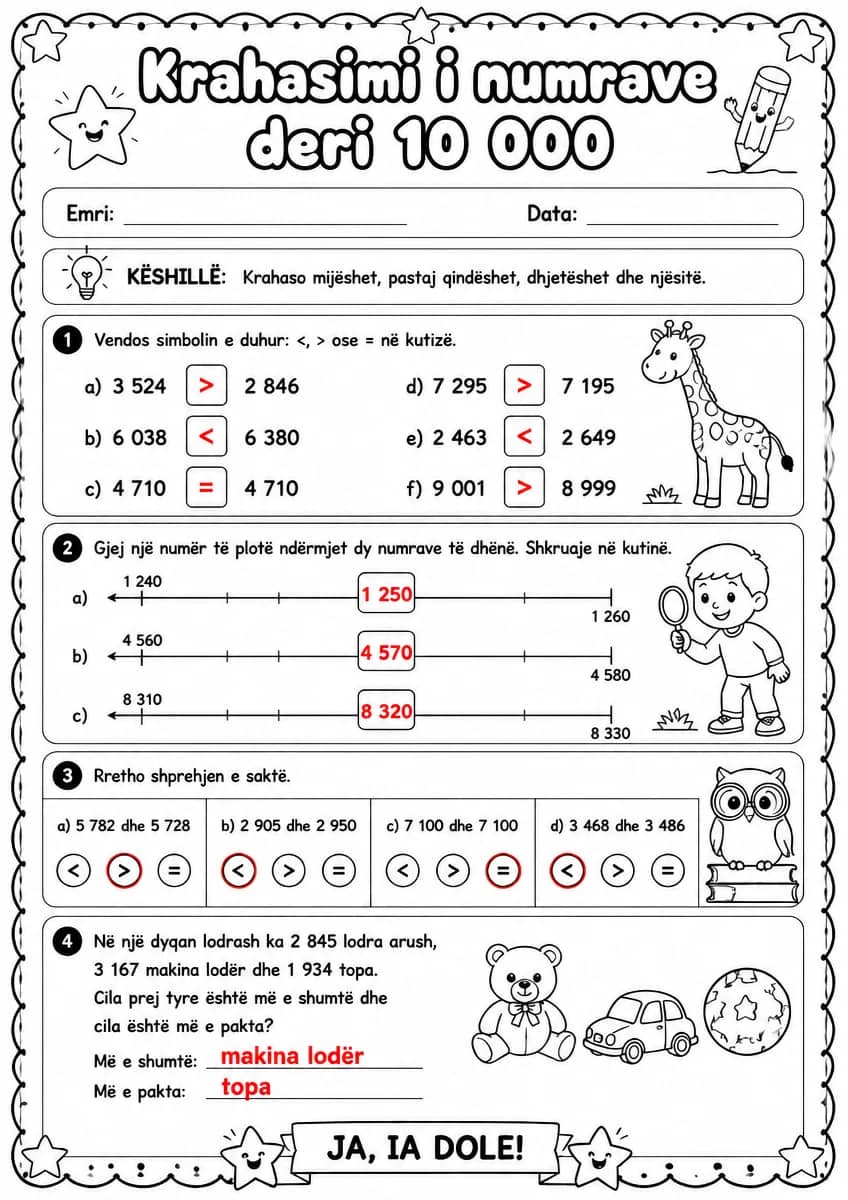 Answer key for Krahasimi i numrave deri 10 000 — free printable Math worksheet