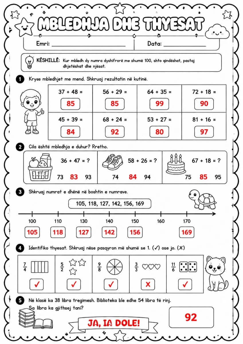 Answer key for Mbledhja mendore deri 100 dhe thyesat me shumë 1 — free printable Math worksheet