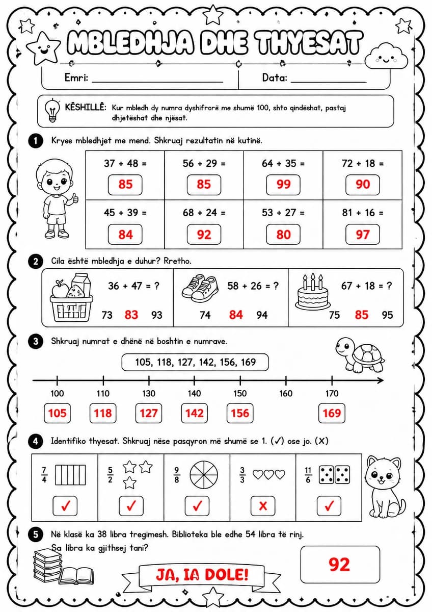 Answer key for Mbledhja mendore deri 100 dhe thyesat me shumë 1 — free printable Math worksheet