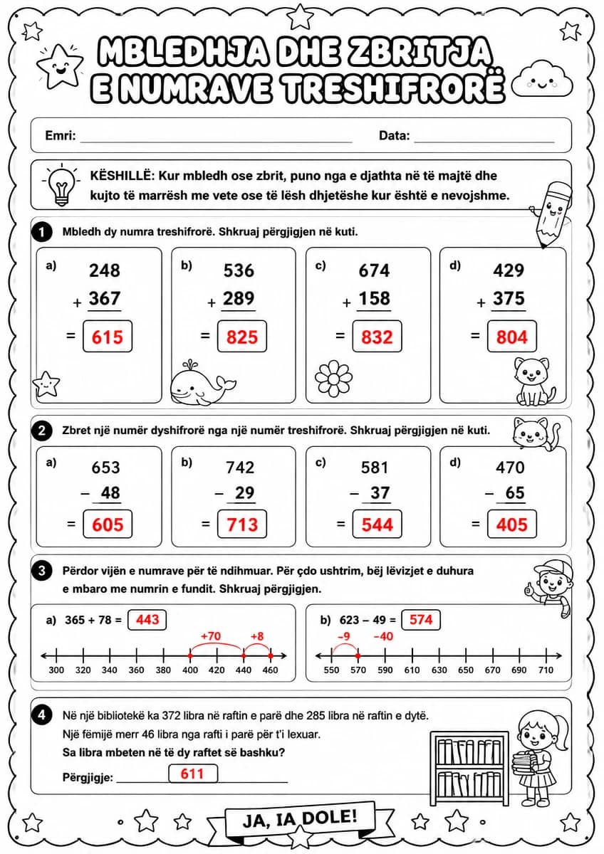 Answer key for Mbledhja dhe zbritja e numrave treshifrorë — free printable Math worksheet