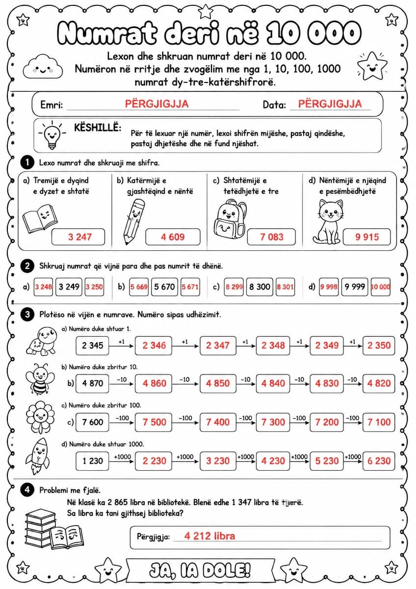 Answer key for Numrat deri në 10 000 — lexim dhe numërim — free printable Math worksheet