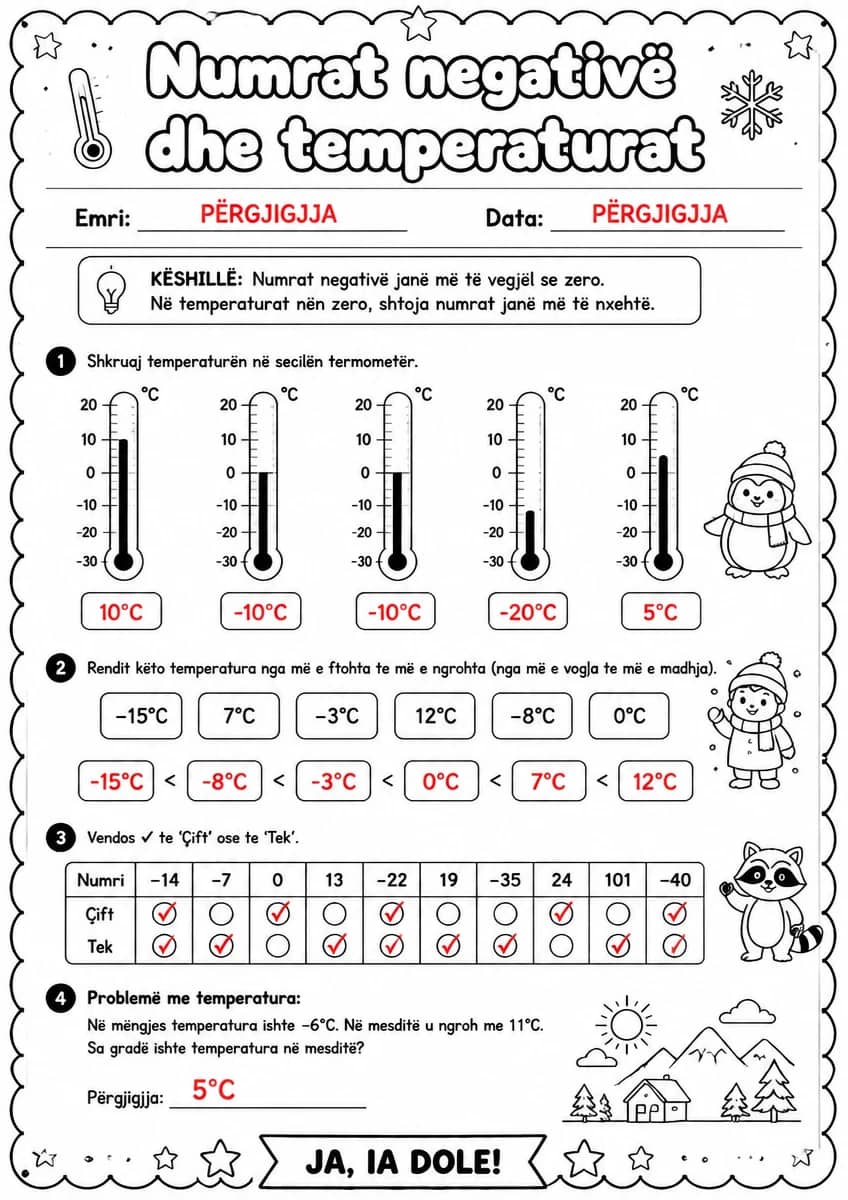 Answer key for Numrat negativë dhe temperaturat — free printable Math worksheet