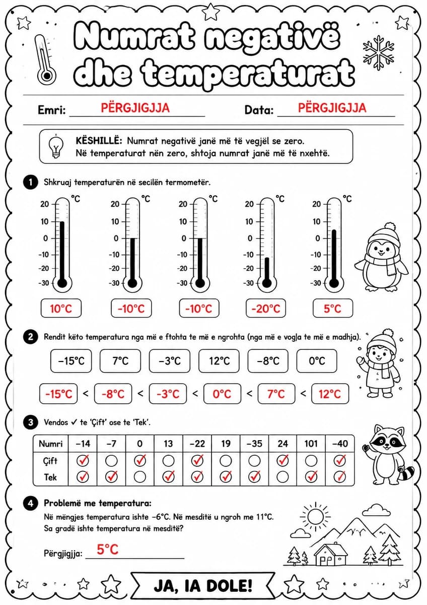 Answer key for Numrat negativë dhe temperaturat — free printable Math worksheet