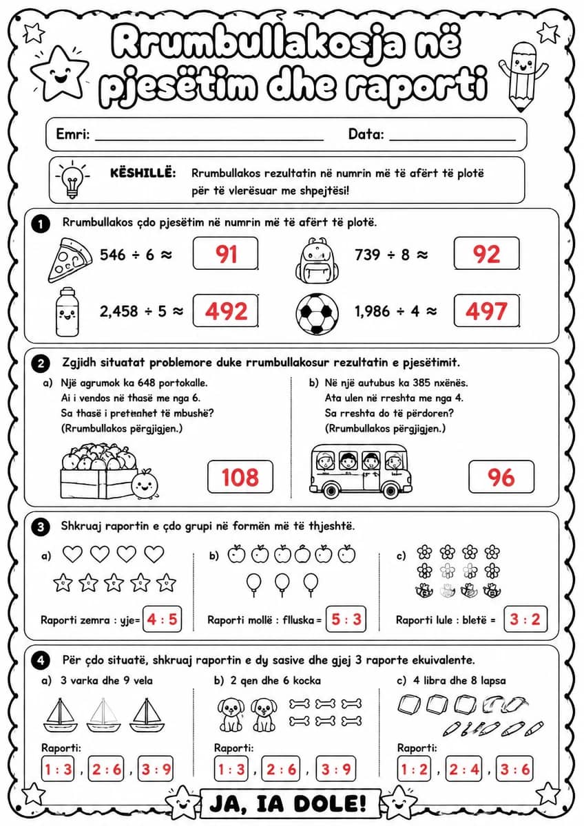 Answer key for Rrumbullakosja në pjesëtim dhe raporti — free printable Math worksheet