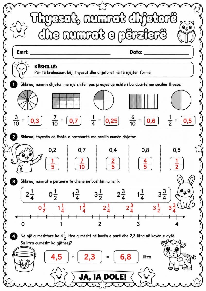 Answer key for Thyesat, numrat dhjetorë dhe numrat e përzierë — free printable Math worksheet