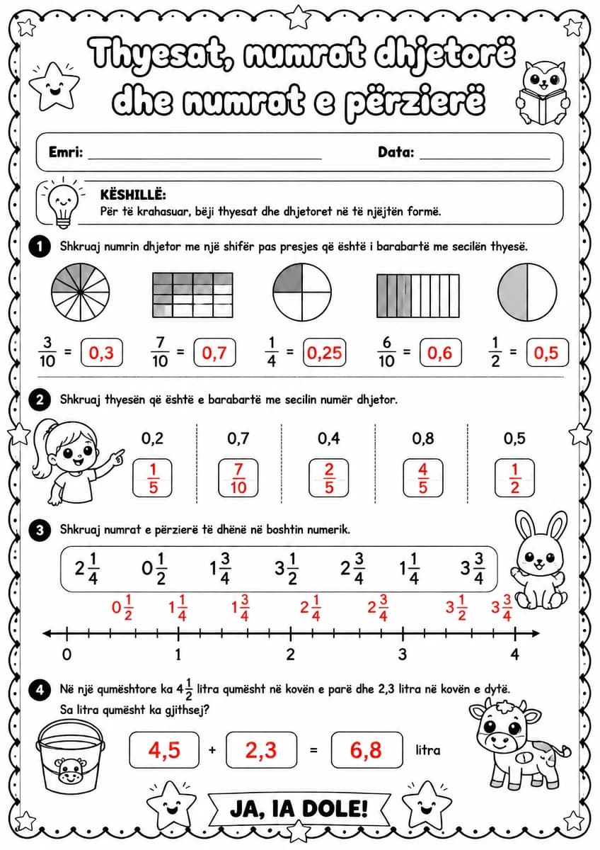 Answer key for Thyesat, numrat dhjetorë dhe numrat e përzierë — free printable Math worksheet