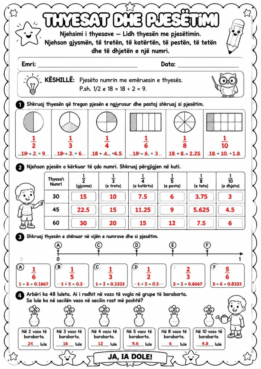 Answer key for Thyesat dhe pjesëtimi — njehsimi i thyesave — free printable Math worksheet