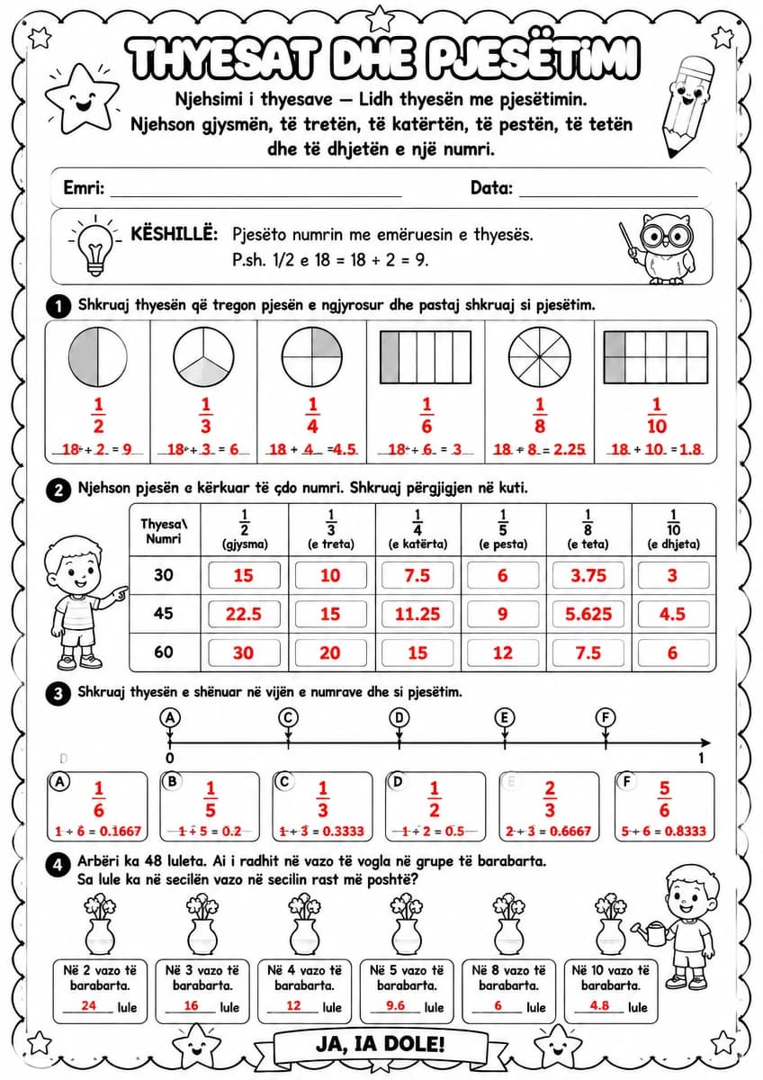 Answer key for Thyesat dhe pjesëtimi — njehsimi i thyesave — free printable Math worksheet