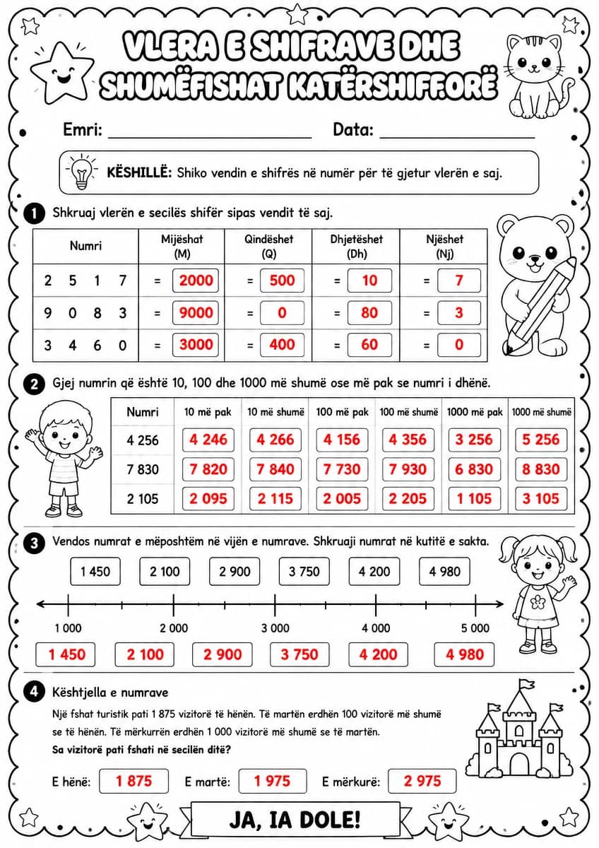 Answer key for Vlera e shifrave dhe shumëfishat katërshifrorë — free printable Math worksheet