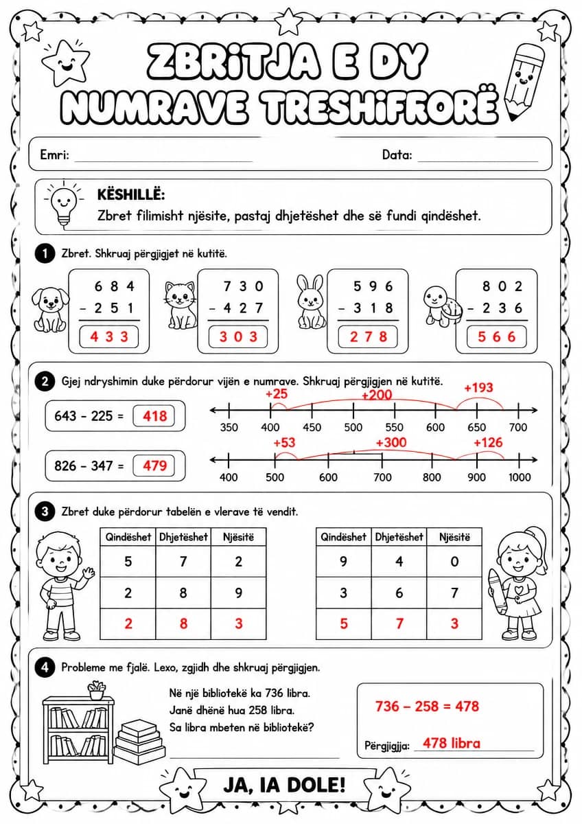 Answer key for Zbritja e dy numrave treshifrorë — free printable Math worksheet