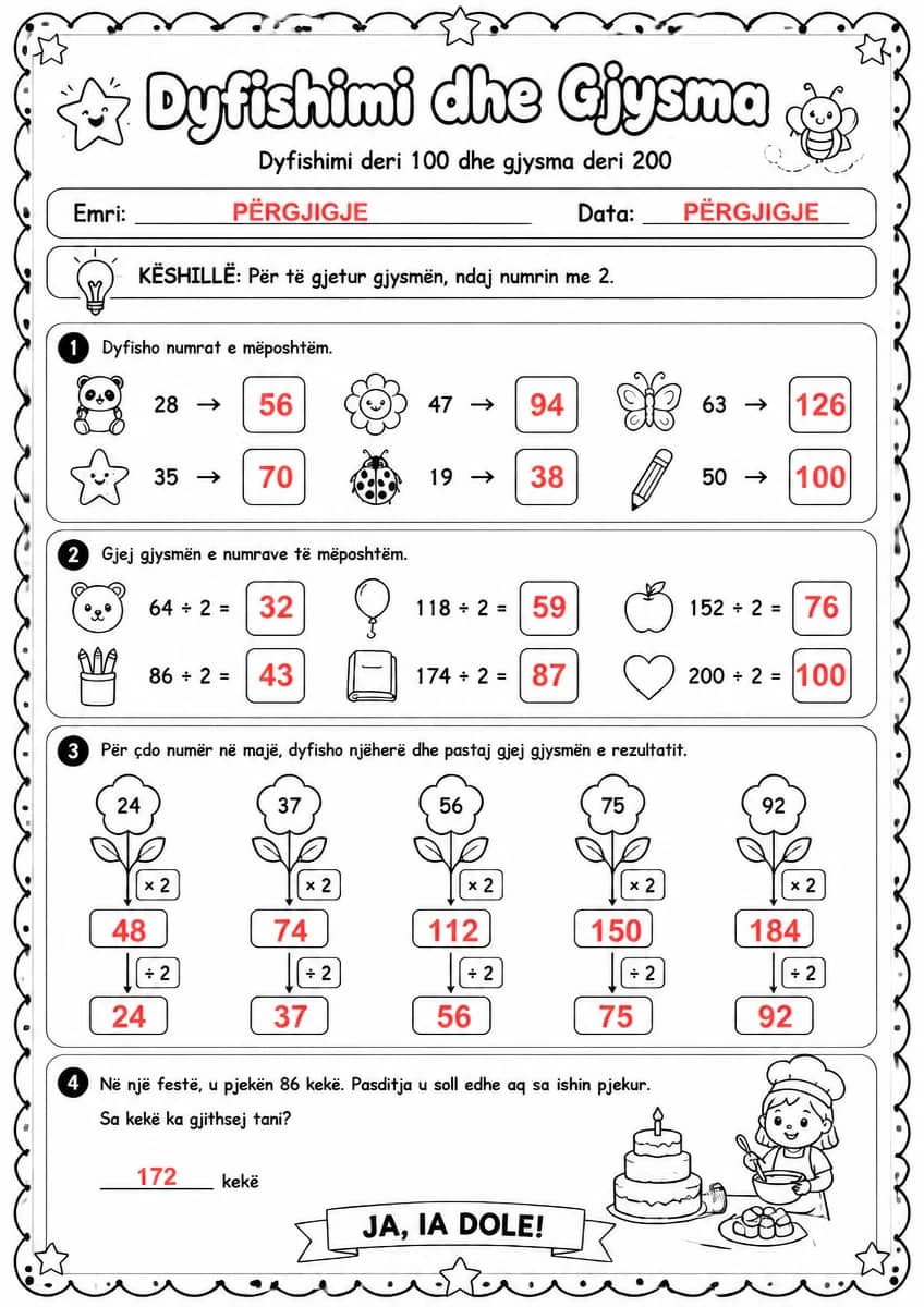 Answer key for Dyfishimi deri 100 dhe gjysma deri 200 — free printable Math worksheet