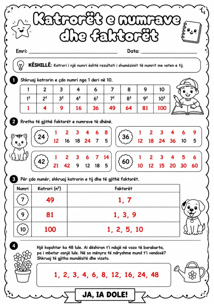 Answer key for Katrorët e numrave dhe faktorët — free printable Math worksheet