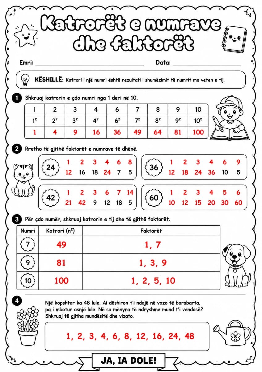 Answer key for Katrorët e numrave dhe faktorët — free printable Math worksheet