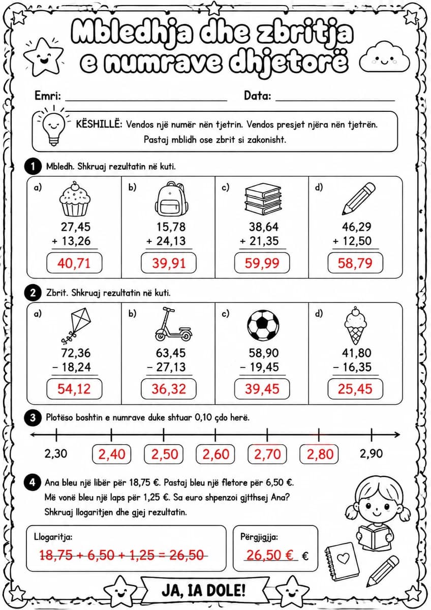 Answer key for Mbledhja dhe zbritja e numrave dhjetorë — free printable Math worksheet